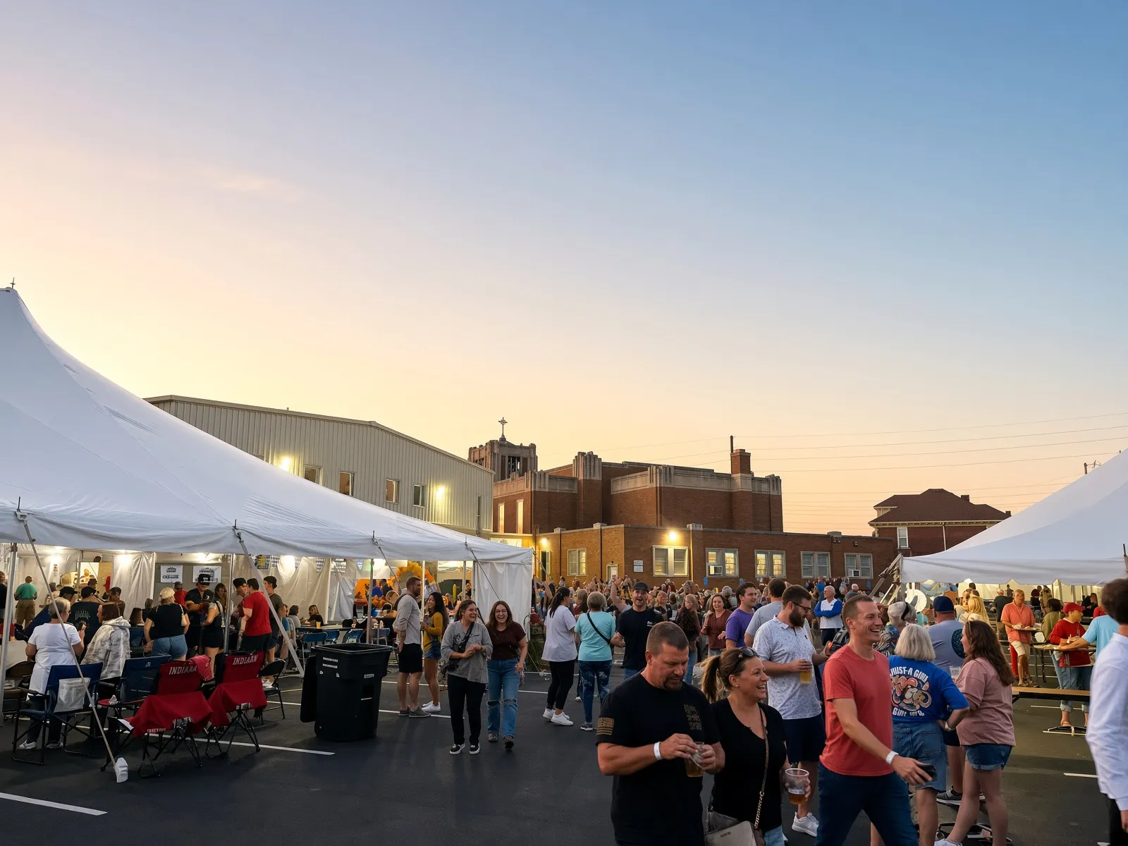 Festival-goers with drinks at golden hour, the Holy Name church and school buildings glowing behind the tents